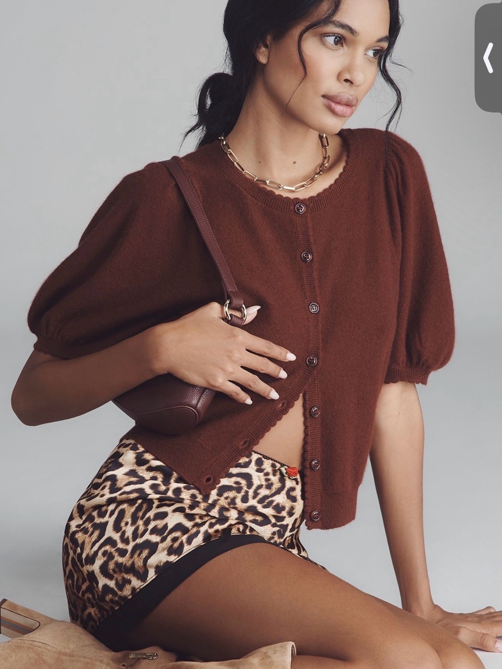 NWOT new small Anthropologie shirt puff sleeve cashmere cardigan brown wine